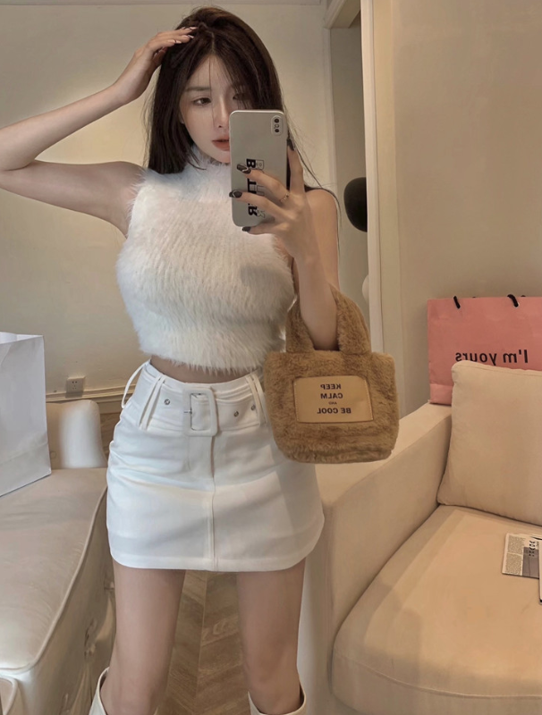 W975 desire high neck sleeveless short vest top   high belt belt A-line short skirt