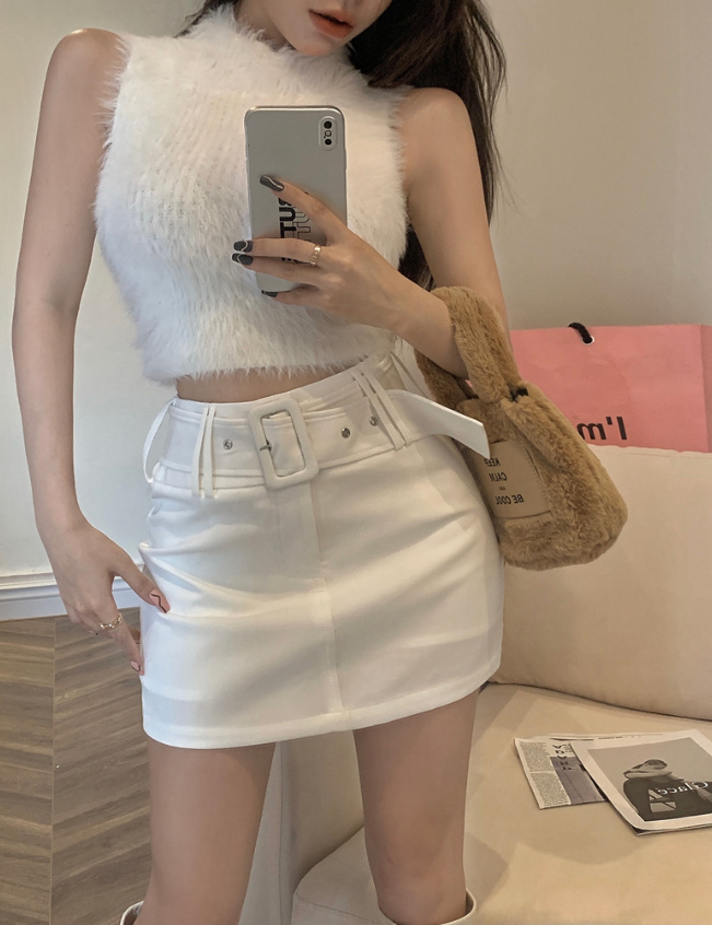 W975 desire high neck sleeveless short vest top   high belt belt A-line short skirt