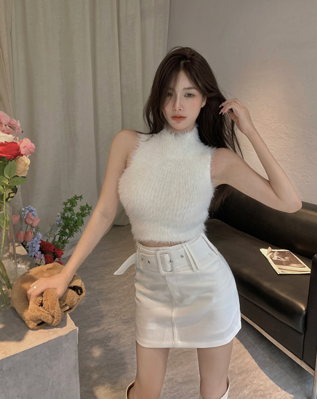 W975 desire high neck sleeveless short vest top   high belt belt A-line short skirt