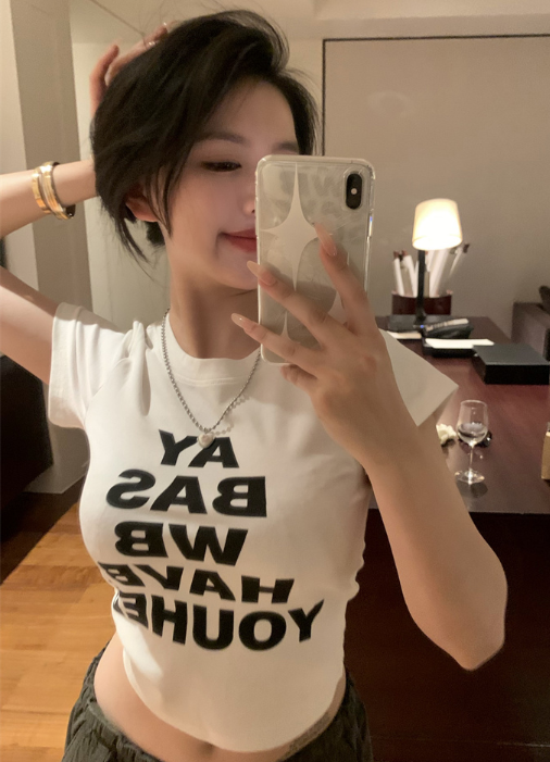 X516 shot letter พิมพ์คอกลมเสื้อแขนสั้นเสื้อยืดแขนสั้น