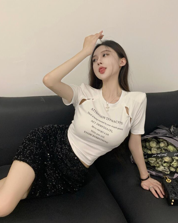 X608 เสื้อยืดลายสวยๆ กระโปรงสั้น สวยแมทไปจ้า