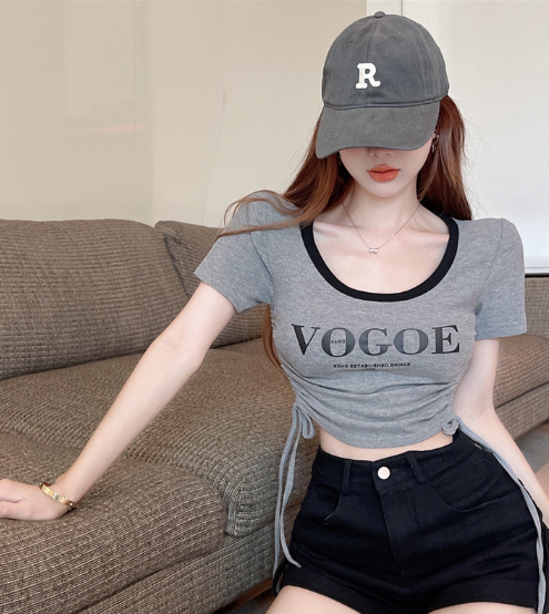 X523 Shot Spot 2023 ใหม่ Pure Desire Crewneck Letter พิมพ์ Drawstring Show Skinny Trendy Top เสื้อยืด