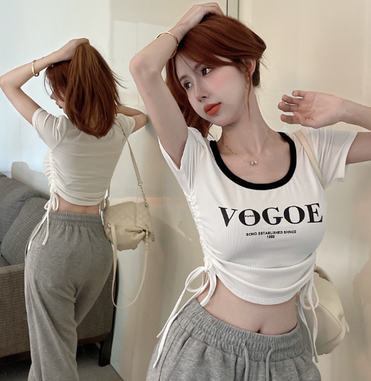 X523 Shot Spot 2023 ใหม่ Pure Desire Crewneck Letter พิมพ์ Drawstring Show Skinny Trendy Top เสื้อยืด