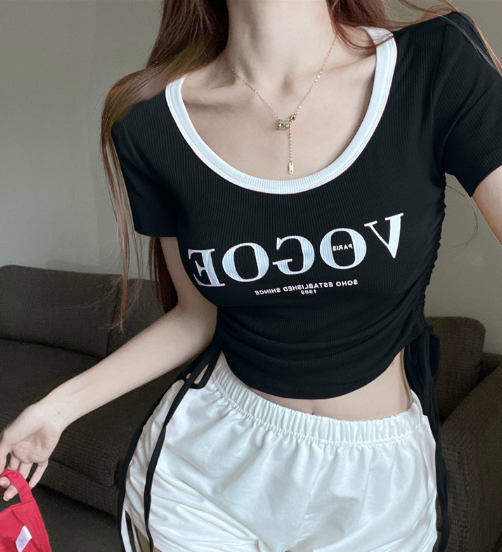 X523 Shot Spot 2023 ใหม่ Pure Desire Crewneck Letter พิมพ์ Drawstring Show Skinny Trendy Top เสื้อยืด