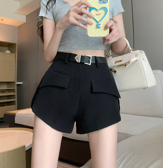X527 belt suit shorts all-match slim A-line wide-leg trousers กางเกงขาสั้น+เข็มขัดสไตส์เกาหลี