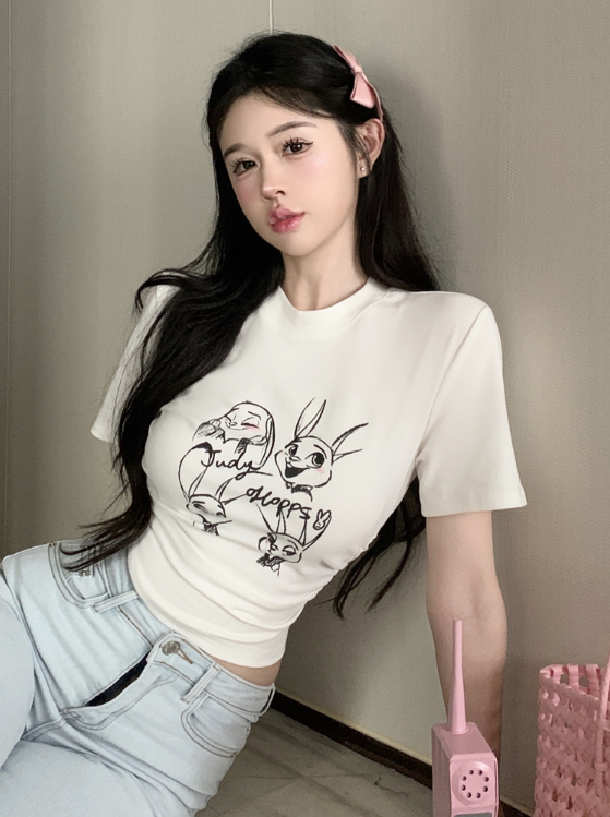 X623 เสื้อยืดแขนสั้นพิมพ์ลายการ์ตูนกระต่ายผู้หญิง