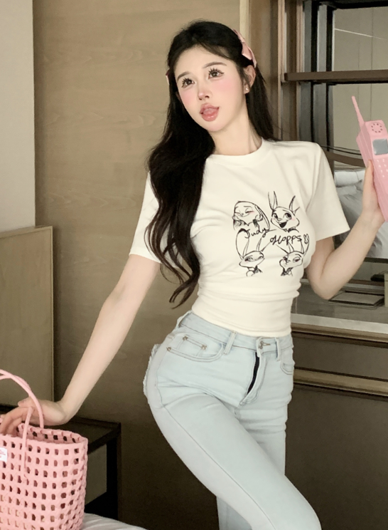 X623 เสื้อยืดแขนสั้นพิมพ์ลายการ์ตูนกระต่ายผู้หญิง