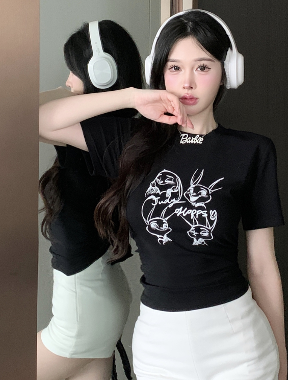 X623 เสื้อยืดแขนสั้นพิมพ์ลายการ์ตูนกระต่ายผู้หญิง