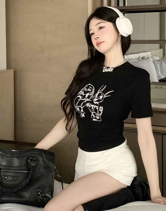X623 เสื้อยืดแขนสั้นพิมพ์ลายการ์ตูนกระต่ายผู้หญิง