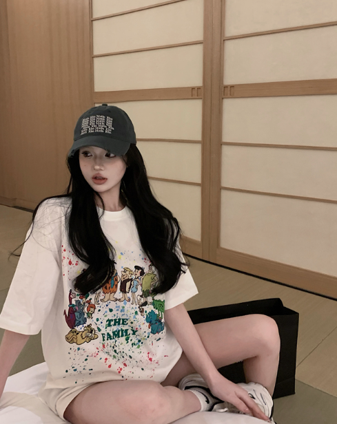 X536 เสื้อยืดแขนสั้นพิมพ์ลายการ์ตูน oversize ย้อนยุคหลวมสบาย ๆ ด้านบนน้ำสีขาว