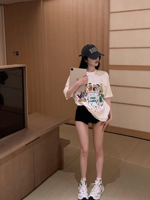 X536 เสื้อยืดแขนสั้นพิมพ์ลายการ์ตูน oversize ย้อนยุคหลวมสบาย ๆ ด้านบนน้ำสีขาว