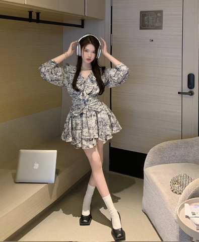 X624 V-neck ruffled waist seal dress two-piece set women