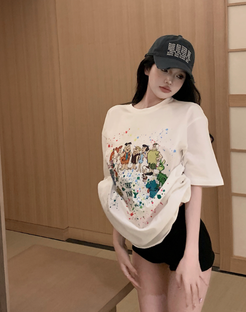 X536 เสื้อยืดแขนสั้นพิมพ์ลายการ์ตูน oversize ย้อนยุคหลวมสบาย ๆ ด้านบนน้ำสีขาว