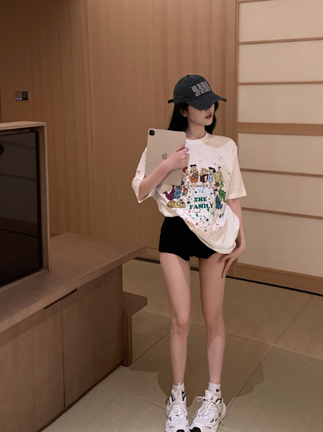 X536 เสื้อยืดแขนสั้นพิมพ์ลายการ์ตูน oversize ย้อนยุคหลวมสบาย ๆ ด้านบนน้ำสีขาว