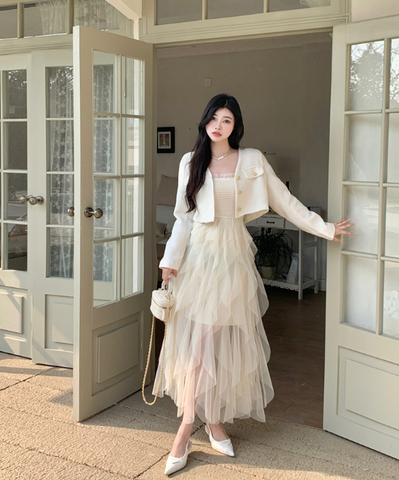 X625  Set short Jacket + slip mesh dress Style Korea