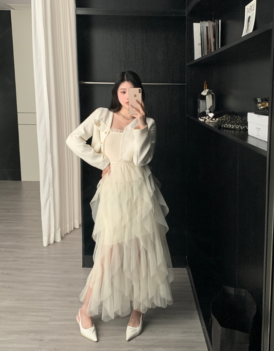 X625  Set short Jacket + slip mesh dress Style Korea