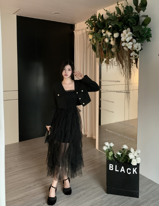 X625  Set short Jacket + slip mesh dress Style Korea