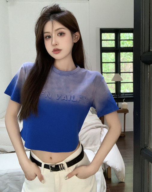 X542 เสื้อแขนสั้นมัดย้อมตัวอักษรไล่โทนสีดอกไม้