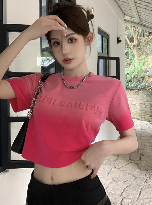 X542 เสื้อแขนสั้นมัดย้อมตัวอักษรไล่โทนสีดอกไม้