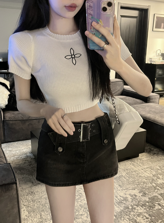 X399 เสื้อถักสั้นบางเฉียบผู้หญิงฤดูใบไม้ผลิและฤดูร้อนใหม่สะดือเสื้อยืดผู้หญิง