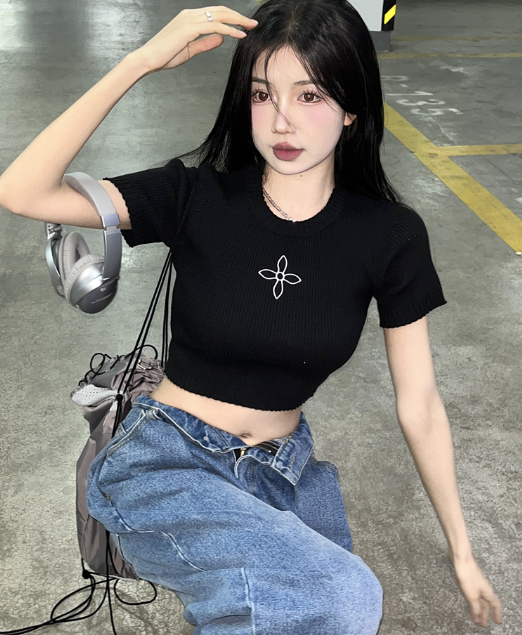 X399 เสื้อถักสั้นบางเฉียบผู้หญิงฤดูใบไม้ผลิและฤดูร้อนใหม่สะดือเสื้อยืดผู้หญิง