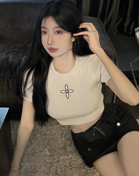 X399 เสื้อถักสั้นบางเฉียบผู้หญิงฤดูใบไม้ผลิและฤดูร้อนใหม่สะดือเสื้อยืดผู้หญิง