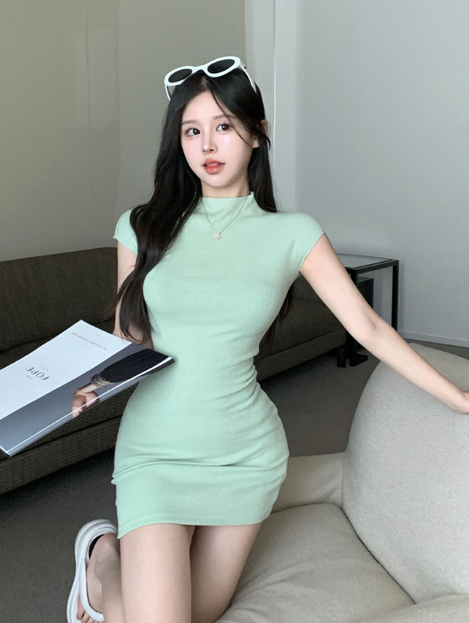 X401 shot ใหม่ เดรสถักทรงสลิมคอเต่าครึ่งตัว