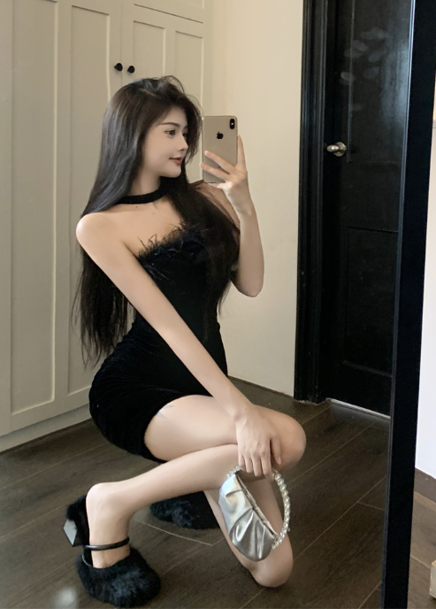 X402 ชุดเดรสกำมะหยี่ระดับไฮเอนด์รัดรูปหรูหราใหม่หญิง