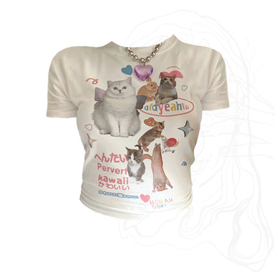 Retro Cat Print Short-sleeved T-shirt For Women
