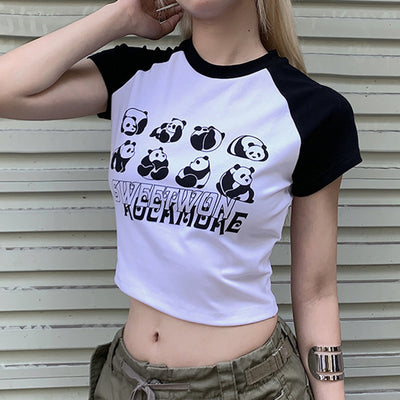 Panda Print Collision Color Plunging Sleeve T-shirt Basic Spicy Girls With Letters Short-sleeved Tops