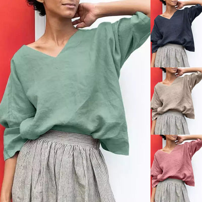 Women's Sleeve Cotton Linen V-Neck T-Shirt
