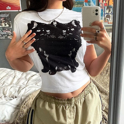 Fashion Multi Head Cat Print Short Sleeve T-shirt Round Neck Casual Top
