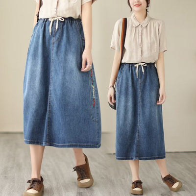 New Real-life Denim Embroidery Casual Loose Fitting Skirt For Women