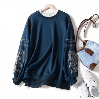 Lace Stitching Embroidered Crew Neck Sweater For Women