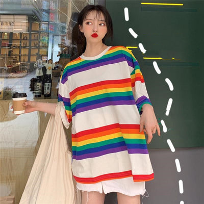 Summer New Korean Version Loose Large Rainbow Stripe Print Short Sleeve
