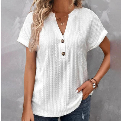 Women's Batwing Sleeve Solid Color And V-neck Button T-shirt