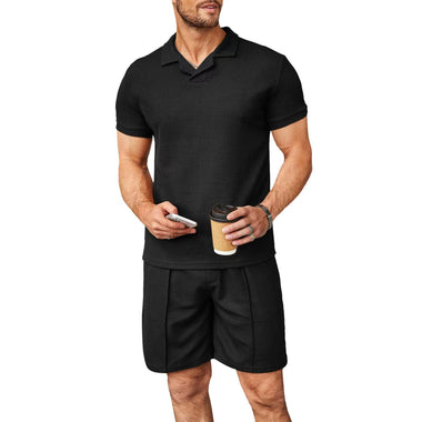 2pcs Set Men V Neck Polo Shirt Lapel Short Sleeve Men's Suit Waffle Style Casual Fashion T-Shirt Summer