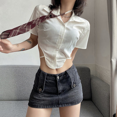Hollow-out Wooden Ear Edge Cardigan Slim Fit Exposed Navel T-shirt