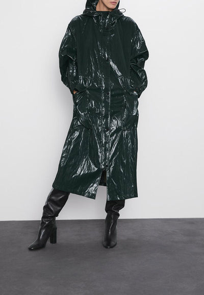 Women's pleated shiny parka casual long trench coat