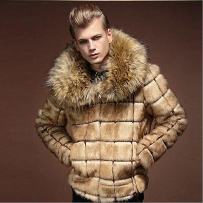 KaLeB Mens Luxury Faux Fox Fur Winter Big Fur Collar Slim Fit Short Thick Coat Casual Jacket Hip Length Parka Outwear Overcoat