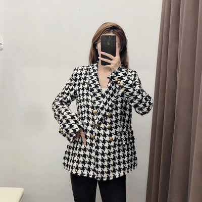Houndstooth pattern breasted jacket women