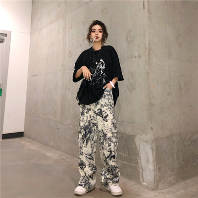 Loose Straight Leg Pants For Men And Women In A Retro Ink Print