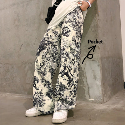 Loose Straight Leg Pants For Men And Women In A Retro Ink Print