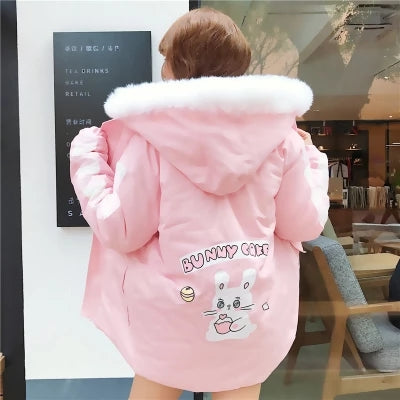 Kawaii Rabbit Bunny Sweet Pink& Lavendar Cute Women's Parka Coat Winter Warm Lolita Hooded Outwear Jacket Fur Trim