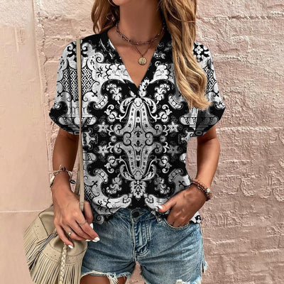 Printed T-shirt Ethnic V-neck Summer Short Sleeve