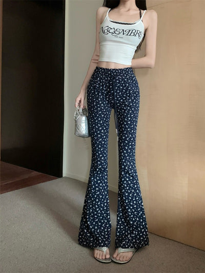 N2 Vintage Floral Casual Bootleg Pants Women's Summer High Waist Slim Fit Straight Drooping Mop Trousers