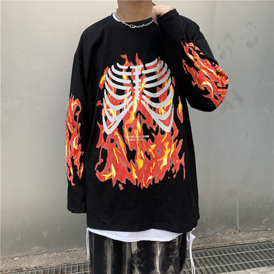 Flame skull print long sleeve T-shirt for men
