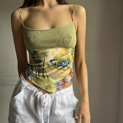 Threaded Landscape Print Irregular Suspender Vest