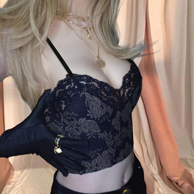 Pure Desire Wind Dark Black Hot Girl Sexy Lace Show Chest Big Bra Undershirt Chic Floral Print Collision Color Inside With Suspenders
