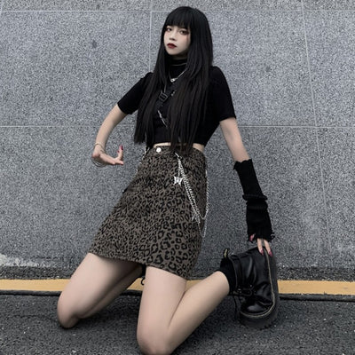 Harajuku Style Retro Denim Skirt High Waist Leopard Print Skirt Women